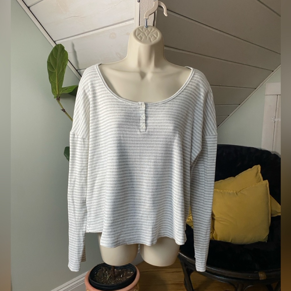 HAVEN WELL WITHIN XL TALBOTS Rib Knit Cotton Henley Top Striped - Picture 9 of 9